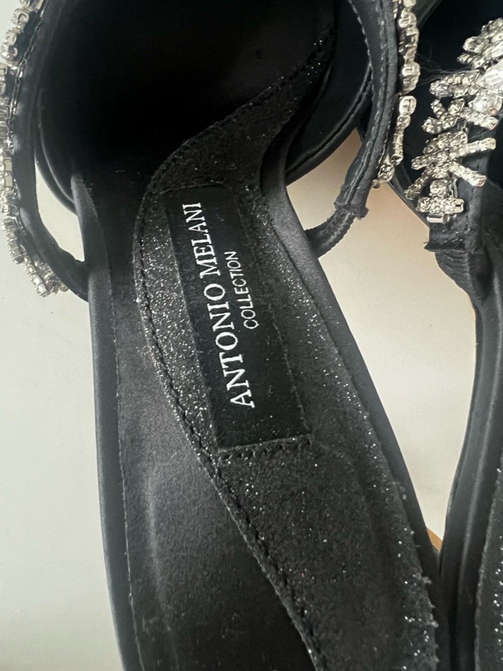 ANTONIO MELANI Black Satin Pointed Toe Heels with Crystal-Embellished Strap - Picture 8 of 10